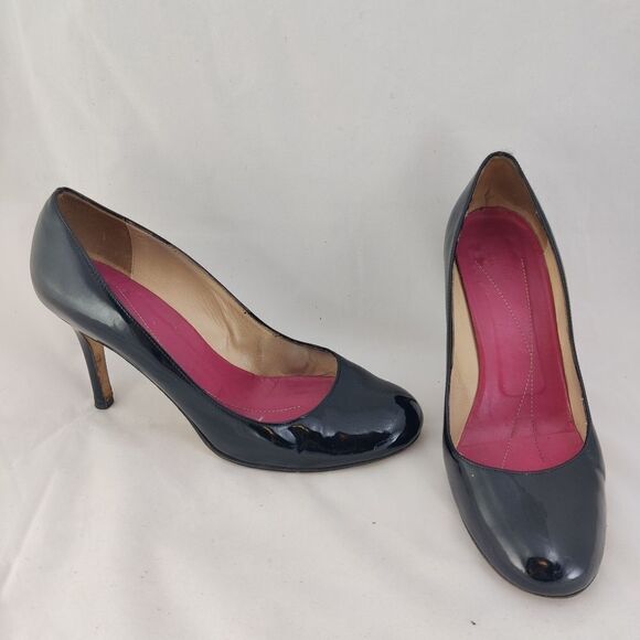 Kate spade Black Patent Leather Heels Sz 8.5 Round Toe Pink Insole +/- 3.5" High - Picture 3 of 15
